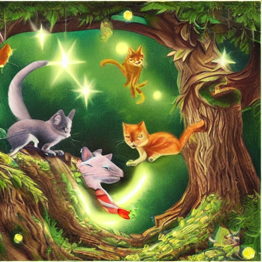fantasy forest with little flying  cats