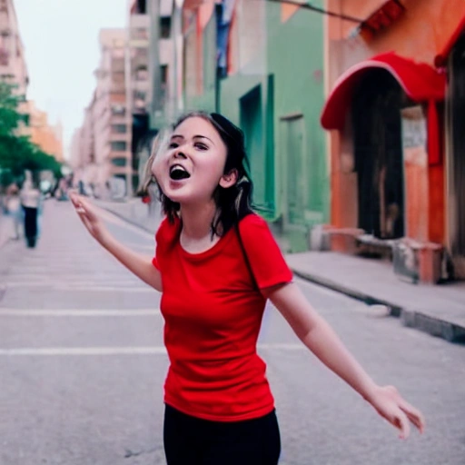 a young lady in red shirk, white t-shirt singing in a corner street, many people ignore her, Cartoon