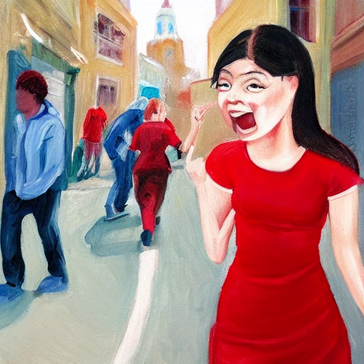 a young lady in red shirk, white t-shirt singing in a corner street, many people ignore her, Cartoon, Oil Painting