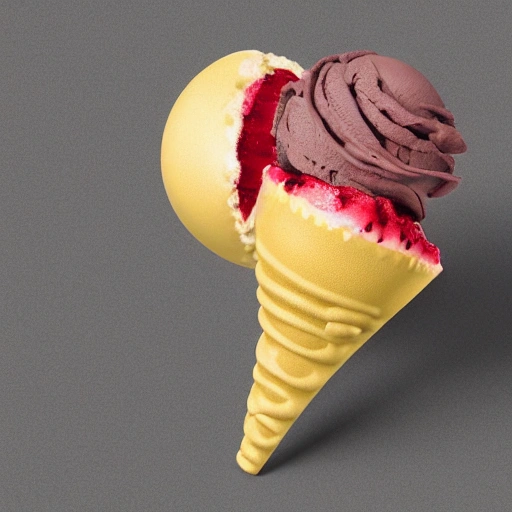 hyperrealistic chocolate and strawberry ice cream, grey and yellow background, 3D