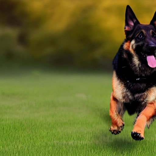 Award-winning digital art of a dog, German shepherd dog, black and tan coat, dog running after a ball, 4k quality, , detailed image, 8k quality