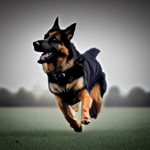 Award-winning digital art of a dog, German shepherd dog, black and tan coat, dog running after a ball, 4k quality, , detailed image, 8k quality