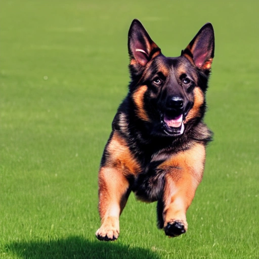 Award-winning digital art of a dog, German shepherd dog, black and tan coat, dog running after a ball, 4k quality, , detailed image, 8k quality