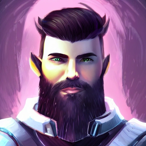 portrait of a handsome gamer man with beard and short hair in futuristic  style refering to world of warcraft
