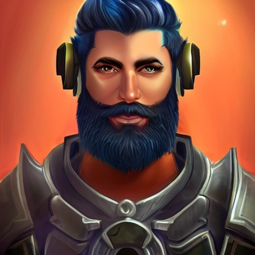 portrait of a handsome gamer man with beard and short hair in futuristic  style refering to world of warcraft
, Trippy