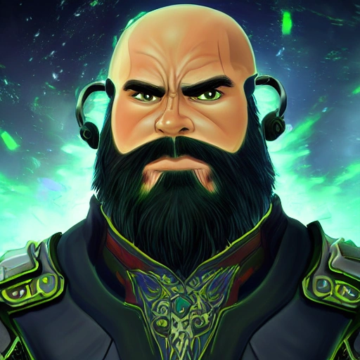 portrait of a angry handsome gamer man with beard and short hair in futuristic  style refering to world of warcraft
, Trippy