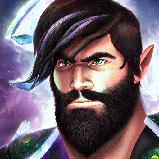 portrait of a angry handsome gamer man with beard and short hair in futuristic  style refering to world of warcraft
, Trippy, Cartoon
