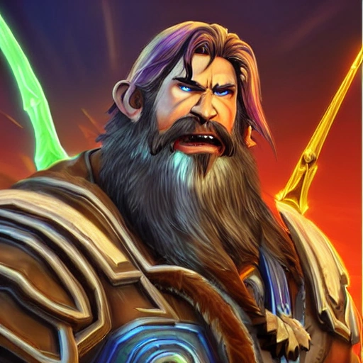 portrait of a angry handsome gamer man with beard and short hair in futuristic  style word of warcraft
, Trippy, Cartoon
