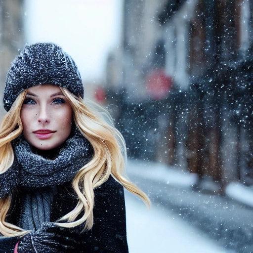 professional portrait photograph of a gorgeous Norwegian girl in winter clothing with long wavy blonde hair, sultry flirty look, (freckles), gorgeous symmetrical face, cute natural makeup, wearing elegant warm winter fashion clothing, ((standing outside in snowy city street)), stunning modern urban environment, ultra realistic, concept art, elegant, highly detailed, intricate, sharp focus, depth of field, f/1.8, 85mm, medium shot, mid shot, (((professionally color graded))), bright soft diffused light, (volumetric fog), trending on instagram, hdr 4k, 8k