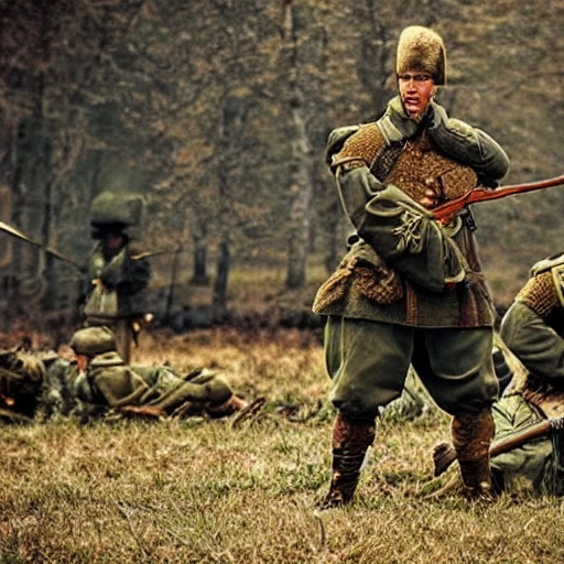 Visualize a powerful Ukrainean warriror  in the midst of an important historical moment, displaying their skill and bravery as they make a decisive move that will change the course of history