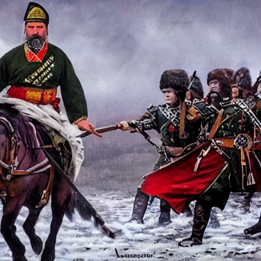 Imagine a mighty Ukrainian Cossack in the midst of an important historical moment, demonstrating their skill and bravery as they make a decisive move that will change the course of history, 4k quality, detailed body