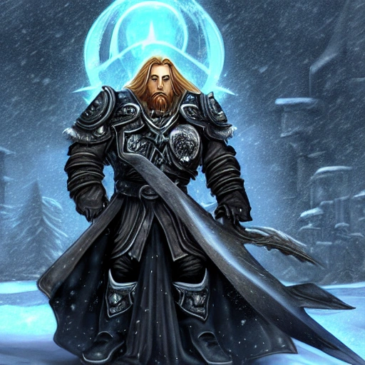 portrait of a badass,handsome gamer man, with beard, black hair, in vintage style, starcraft, arthas menethil, frost lich king, in snow background