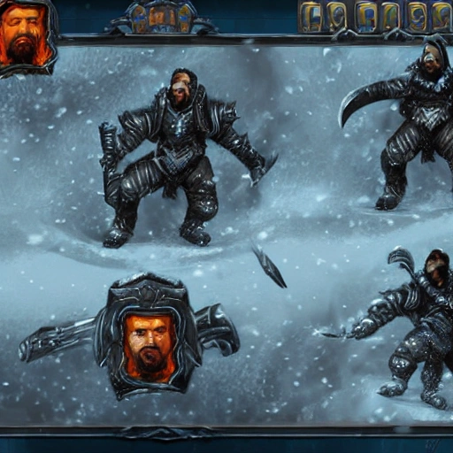 screenshot badass,handsome gamer man, with beard, black hair, in vintage style, starcraft, frost lich king, in snow background