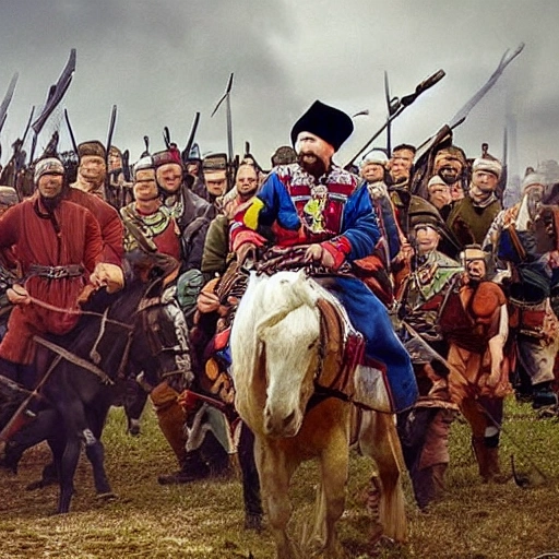 Imagine a mighty Ukrainian Cossack in the midst of an important historical moment, demonstrating his skill and bravery as he makes a decisive move that will change the course of history, 4k quality, detailed body, 8k quality, insightful historical picture