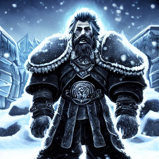 portrait, badass,handsome gamer man, with beard, black hair, in vintage style, starcraft, frost lich king, in snow background