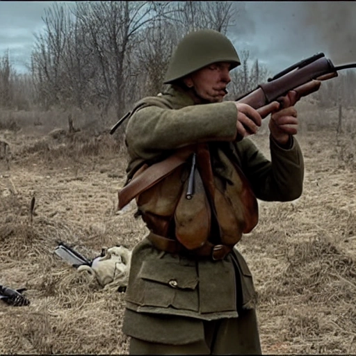 Imagine a mighty Ukrainian soldier in the midst of a great historical war, showing his skill and bravery as he makes a decisive move that will change the course of history, 4k quality, detailed body, 8k quality, insightful historical picture