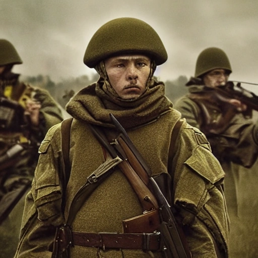 Imagine a mighty Ukrainian soldier in the midst of a great historical war, defending a large Ukrainian city, exchanging fire with Russian invaders, taking actions that will change the course of history, 4k quality, detailed soldier body, 8k quality, exciting historical drama