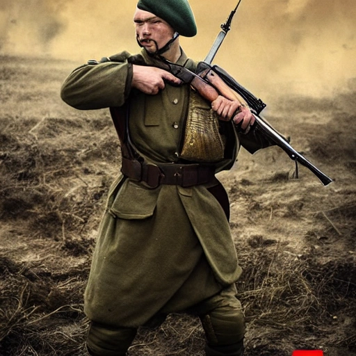 Imagine a mighty Ukrainian soldier in the midst of a great historical war, defending a large Ukrainian city, exchanging fire with Russian invaders, taking actions that will change the course of history, 4k quality, detailed soldier body, 8k quality, exciting historical drama