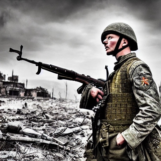 Imagine a mighty Ukrainian soldier in the midst of a great historical war, defending a large Ukrainian city, exchanging gunfire with Russian invaders, taking actions that will change the course of history, 4k quality, detailed soldier's body, very well detailed dirty and exhausted face, 8k quality, exciting historical drama, conveying all the chaos of war, the destroyed buildings of a large city