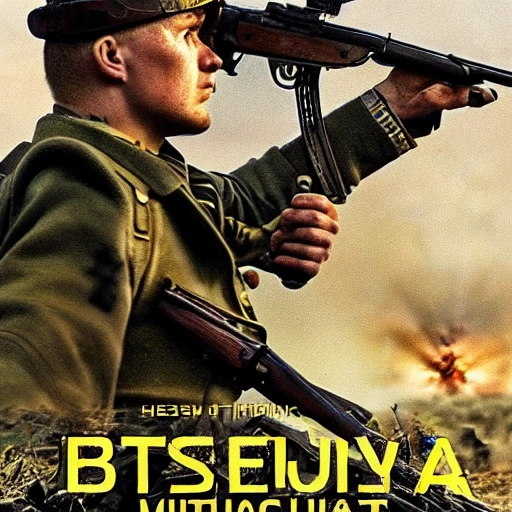 Imagine a mighty Ukrainian soldier in the midst of a great historical war, defending a large Ukrainian city, exchanging fire with Russian invaders, taking actions that will change the course of history, 4k quality, detailed soldier body, 8k quality, exciting historical drama