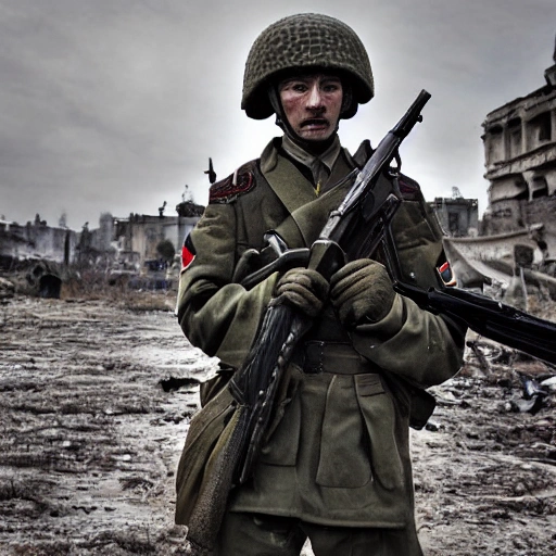 Imagine a mighty Ukrainian soldier in the midst of a great historical war, defending a large Ukrainian city, exchanging gunfire with Russian invaders, taking actions that will change the course of history, 4k quality, detailed soldier's body, very well detailed dirty and exhausted face, 8k quality, exciting historical drama, conveying all the chaos of war, the destroyed buildings of a large city