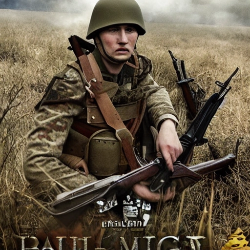 Imagine a mighty Ukrainian soldier in the midst of a great historical war, defending a large Ukrainian city, exchanging fire with Russian invaders, taking actions that will change the course of history, 4k quality, detailed soldier body, 8k quality, exciting historical drama