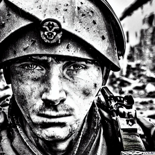 Imagine a mighty Ukrainian soldier in the midst of a great historical war, defending a large Ukrainian city, exchanging gunfire with Russian invaders, taking actions that will change the course of history, 4k quality, detailed soldier's body, very well detailed dirty and exhausted face, 8k quality, exciting historical drama, conveying all the chaos of war, the destroyed buildings of a large city