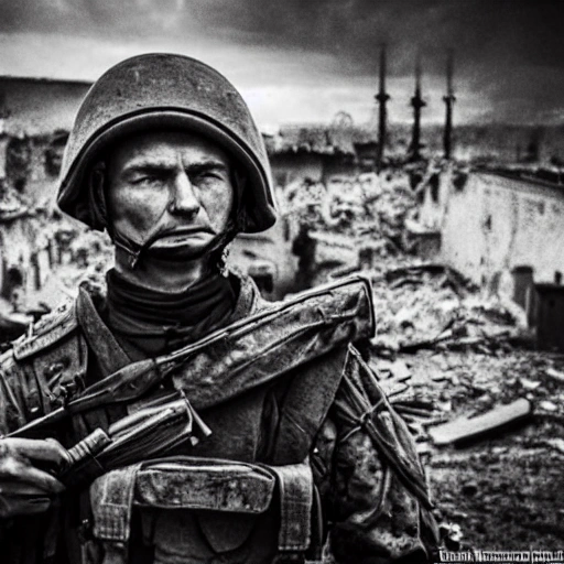 Imagine a mighty Ukrainian soldier in the midst of a great historical war, defending a large Ukrainian city, exchanging gunfire with Russian invaders, taking actions that will change the course of history, 4k quality, detailed soldier's body, very well detailed dirty and exhausted face, 8k quality, exciting historical drama, conveying all the chaos of war, the destroyed buildings of a large city