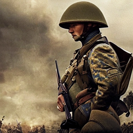 Imagine a mighty Ukrainian soldier in the midst of a great historical war, defending a large Ukrainian city, exchanging fire with Russian invaders, taking actions that will change the course of history, 4k quality, detailed soldier body, 8k quality, exciting historical drama