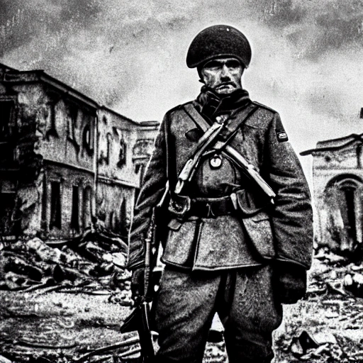 Imagine a mighty Ukrainian soldier in the midst of a great historical war, defending a large Ukrainian city, exchanging gunfire with Russian invaders, taking actions that will change the course of history, 4k quality, detailed soldier's body, very well detailed dirty and exhausted face, 8k quality, exciting historical drama, conveying all the chaos of war, the destroyed buildings of a large city