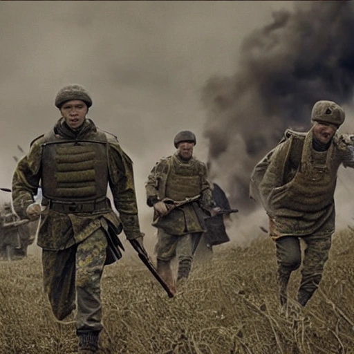 Imagine a mighty Ukrainian soldier in the midst of a great historical war, defending a large Ukrainian city, exchanging fire with Russian invaders, taking actions that will change the course of history, 4k quality, detailed soldier body, 8k quality, exciting historical drama