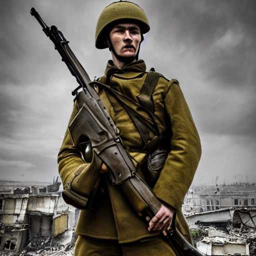 Imagine a mighty Ukrainian soldier in the midst of a great historical war, defending a large Ukrainian city, exchanging gunfire with Russian invaders, taking actions that will change the course of history, 4k quality, detailed soldier's body, very well detailed dirty and exhausted face, 8k quality, exciting historical drama, conveying all the chaos of war, the destroyed buildings of a large city