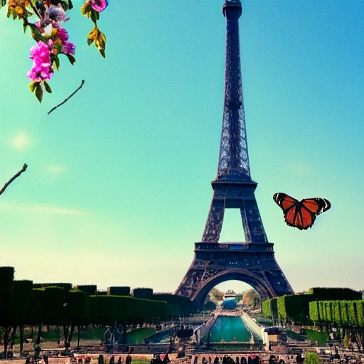 
butterfly flying in front of the eiffel tower