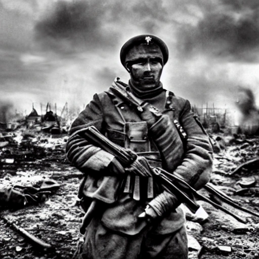 Imagine a mighty Ukrainian soldier in the midst of a great historical war, defending a large Ukrainian city, exchanging gunfire with Russian invaders, taking actions that will change the course of history, 4k quality, detailed soldier's body, very well detailed dirty and exhausted face, 8k quality, exciting historical drama, conveying all the chaos of war, the destroyed buildings of a large city