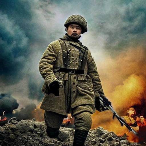 Imagine a mighty Ukrainian soldier in the midst of a great historical war, defending a large Ukrainian city, exchanging fire with Russian invaders, taking actions that will change the course of history, 4k quality, detailed soldier body, 8k quality, exciting historical drama