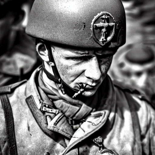 Imagine a mighty Ukrainian soldier in the midst of a great historical war, defending a large Ukrainian city, exchanging gunfire with Russian invaders, taking actions that will change the course of history, 4k quality, detailed soldier's body, very well detailed dirty and exhausted face, 8k quality, exciting historical drama, conveying all the chaos of war, the destroyed buildings of a large city