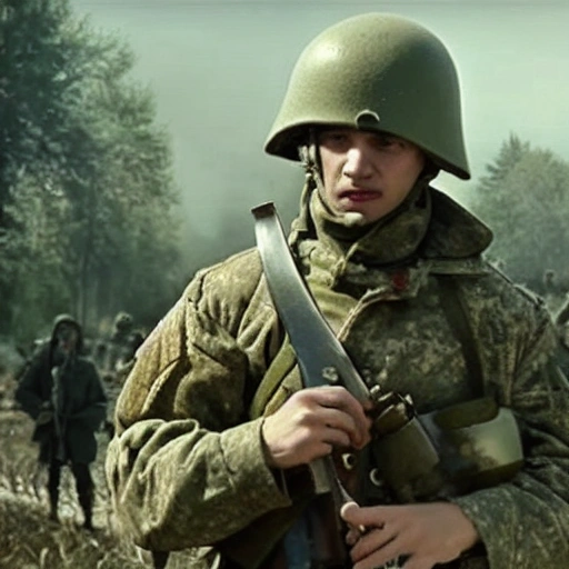 Imagine a mighty Ukrainian soldier in the midst of a great historical war, defending a large Ukrainian city, exchanging fire with Russian invaders, taking actions that will change the course of history, 4k quality, detailed soldier body, 8k quality, exciting historical drama