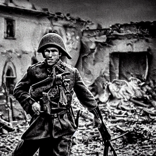 Imagine a mighty Ukrainian soldier in the midst of a great historical war, defending a large Ukrainian city, exchanging gunfire with Russian invaders, taking actions that will change the course of history, 4k quality, detailed soldier's body, very well detailed dirty and exhausted face, 8k quality, exciting historical drama, conveying all the chaos of war, the destroyed buildings of a large city