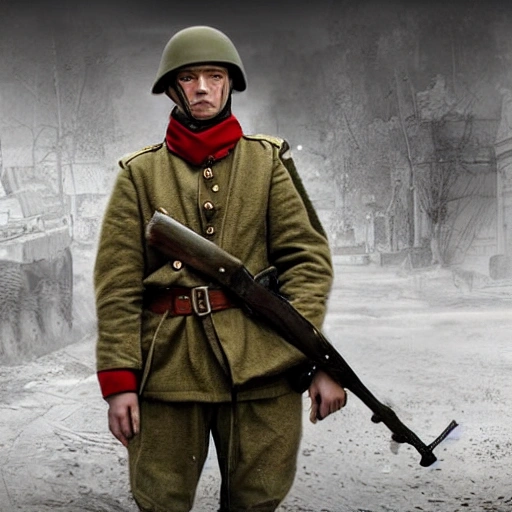 Imagine a mighty Ukrainian soldier in the midst of a great historical war, defending a large Ukrainian city, exchanging gunfire with Russian invaders, taking actions that will change the course of history, 4k quality, detailed soldier's body, very well detailed dirty and exhausted face, 8k quality, exciting historical drama, conveying all the chaos of war, the destroyed buildings of a large city