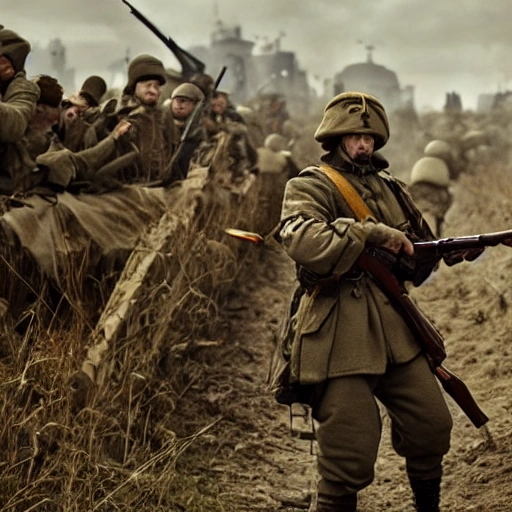 Imagine a mighty Ukrainian soldier in the midst of a great historical war, defending a large Ukrainian city, exchanging fire with Russian invaders, taking actions that will change the course of history, 4k quality, detailed soldier body, 8k quality, exciting historical drama