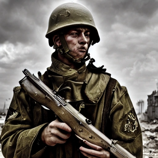 Imagine a mighty Ukrainian soldier in the midst of a great historical war, defending a large Ukrainian city, exchanging gunfire with Russian invaders, taking actions that will change the course of history, 4k quality, detailed soldier's body, very well detailed dirty and exhausted face, 8k quality, exciting historical drama, conveying all the chaos of war, the destroyed buildings of a large city