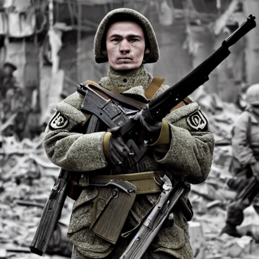 Imagine a mighty Ukrainian soldier in the midst of a great historical war, defending a large Ukrainian city, exchanging gunfire with Russian invaders, taking actions that will change the course of history, 4k quality, detailed soldier's body, very well detailed dirty and exhausted face, 8k quality, exciting historical drama, conveying all the chaos of war, the destroyed buildings of a large city