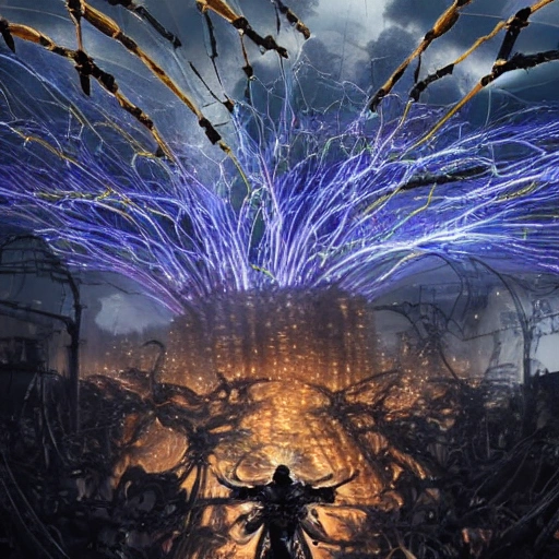 Downvote
swarm of nanobots in a giant formation invading a ruined city, held aloft by thousands of glowing wires, gold & obsidian flowing long hair, todd mcfarlane — c 1 5, finished concept art, ancient kings in white robes, bombs dropping, serpentine features, oversaturated, saturn in the background, dark baroque painting, digital artwork, murata range, red kimono, arrogant, in the style of chris foss