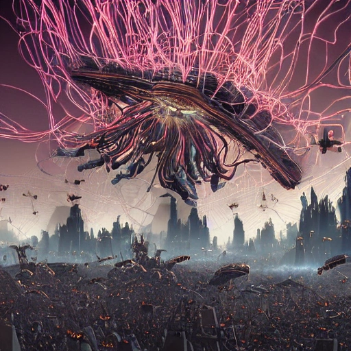 Downvote
swarm of nanobots in a giant formation invading a ruined city, held aloft by thousands of glowing wires, gold & obsidian flowing long hair, todd mcfarlane — c 1 5, finished concept art, ancient kings in white robes, bombs dropping, serpentine features, oversaturated, saturn in the background, dark baroque painting, digital artwork, murata range, red kimono, arrogant, in the style of chris foss