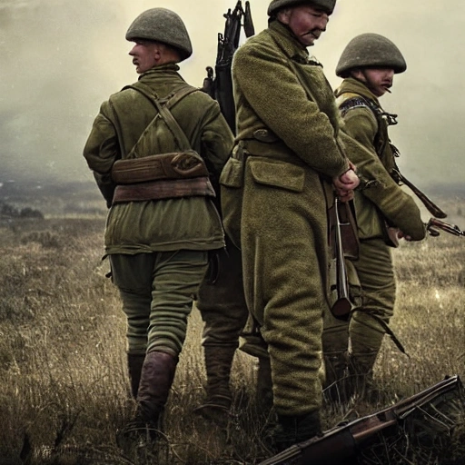 Imagine a mighty Ukrainian soldier in the midst of a great historical war, defending a large Ukrainian city, exchanging fire with Russian invaders, taking actions that will change the course of history, 4k quality, detailed soldier body, 8k quality, exciting historical drama