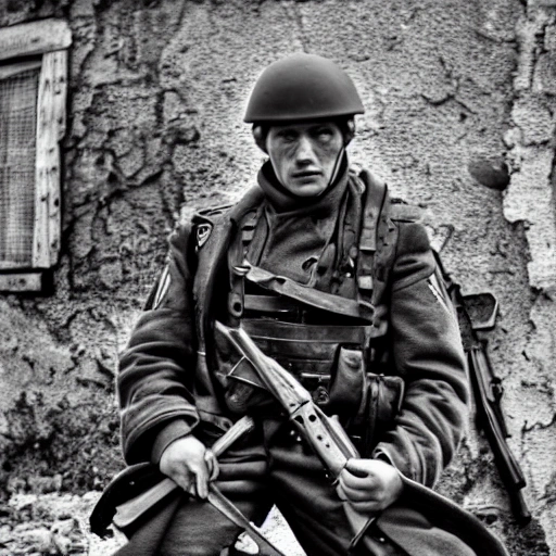 Imagine a mighty Ukrainian soldier in the midst of a great historical war, defending a large Ukrainian city, exchanging gunfire with Russian invaders, taking actions that will change the course of history, 4k quality, detailed soldier's body, very well detailed dirty and exhausted face, 8k quality, exciting historical drama, conveying all the chaos of war, the destroyed buildings of a large city