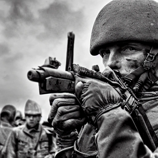 Imagine a mighty Ukrainian soldier in the midst of a great historical war, defending a large Ukrainian city, exchanging gunfire with Russian invaders, taking actions that will change the course of history, 4k quality, detailed soldier's body, very well detailed dirty and exhausted face, 8k quality, exciting historical drama, conveying all the chaos of war, the destroyed buildings of a large city