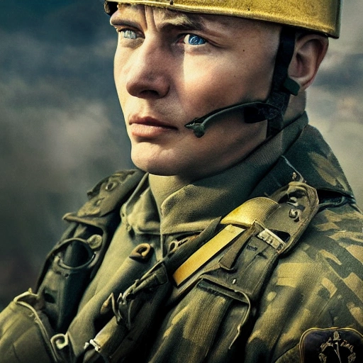 Imagine a mighty Ukrainian soldier in the midst of a great historical war, defending a large Ukrainian city, exchanging fire with Russian invaders, taking actions that will change the course of history, 4k quality, detailed soldier body, 8k quality, exciting historical drama