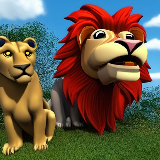 a lion and an eagle in 3d cartoon for children.