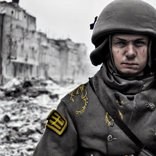 Imagine a mighty Ukrainian soldier in the midst of a great historical war, defending a large Ukrainian city, exchanging gunfire with Russian invaders, taking actions that will change the course of history, 4k quality, detailed soldier's body, very well detailed dirty and exhausted face, 8k quality, exciting historical drama, conveying all the chaos of war, the destroyed buildings of a large city